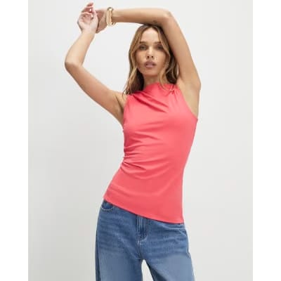 Pink Sleeveless Slash Neck Top