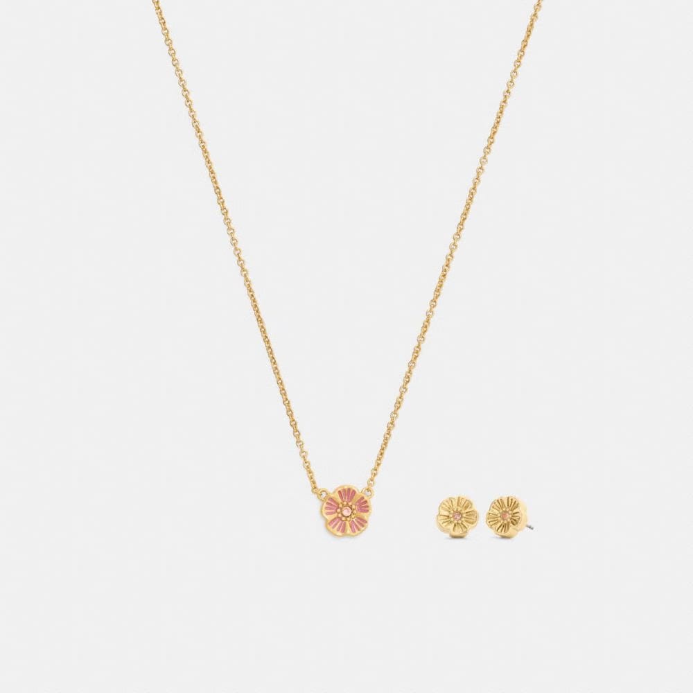 Enamel Tea Rose Earrings And Necklace Set