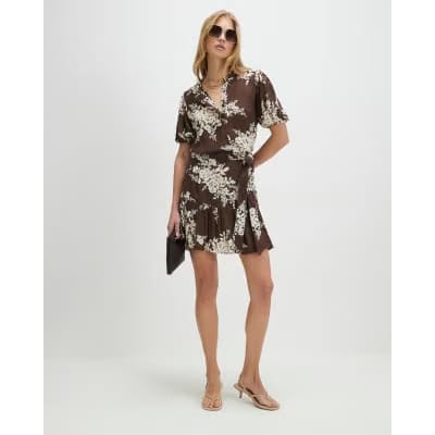 Brown Floral Shaped Mini Dress