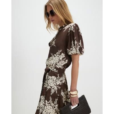Brown Floral Shaped Mini Dress