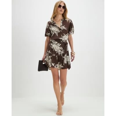 Brown Floral Shaped Mini Dress