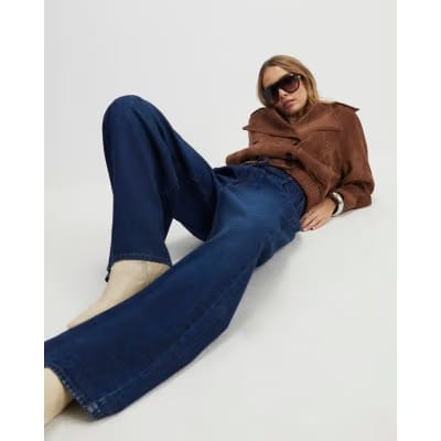 Blue High Waisted Tie Detail Wide Leg Jeans