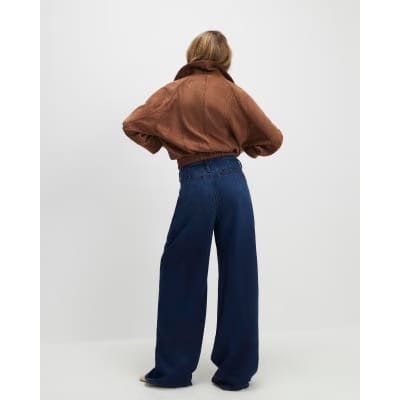 Blue High Waisted Tie Detail Wide Leg Jeans