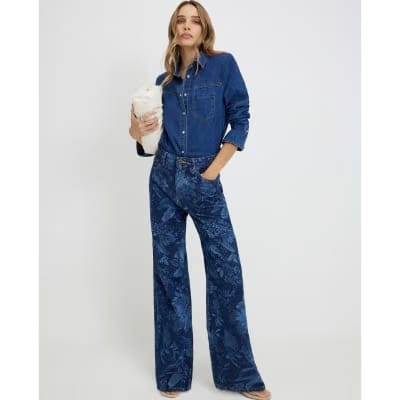 Blue Relaxed Straight Floral Print Jeans