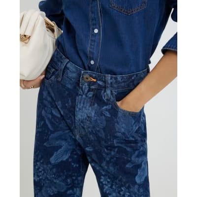 Blue Relaxed Straight Floral Print Jeans