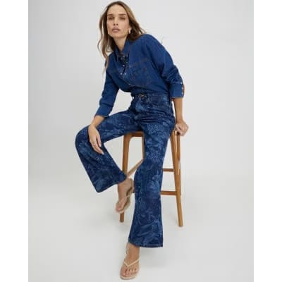Blue Relaxed Straight Floral Print Jeans