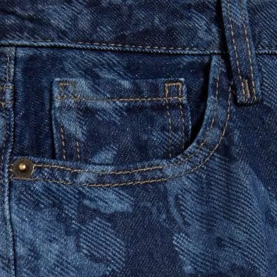 Blue Relaxed Straight Floral Print Jeans