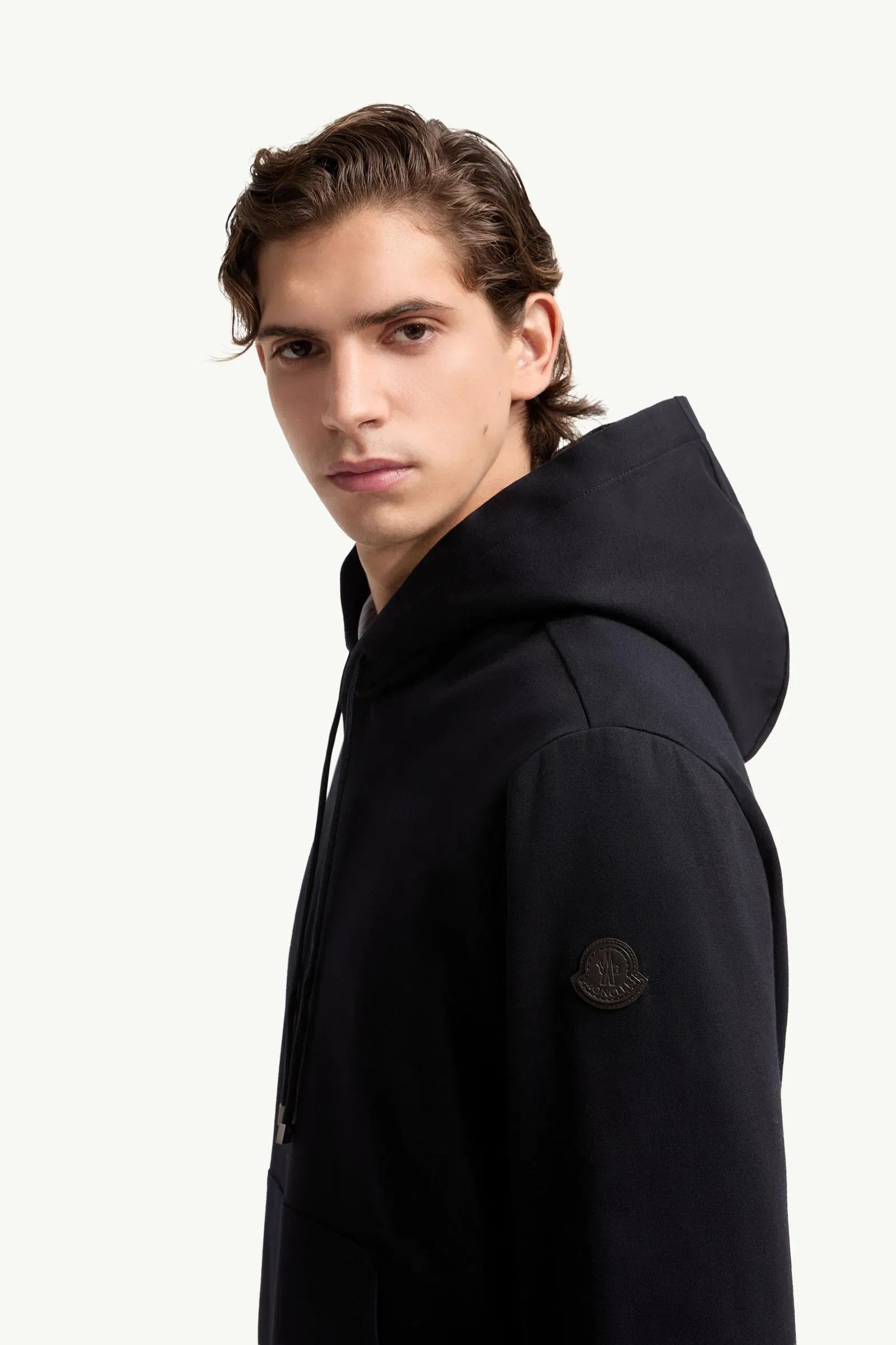 Moncler Leather Logo Cotton Blend Hoodie Dark Blue Dark Blue