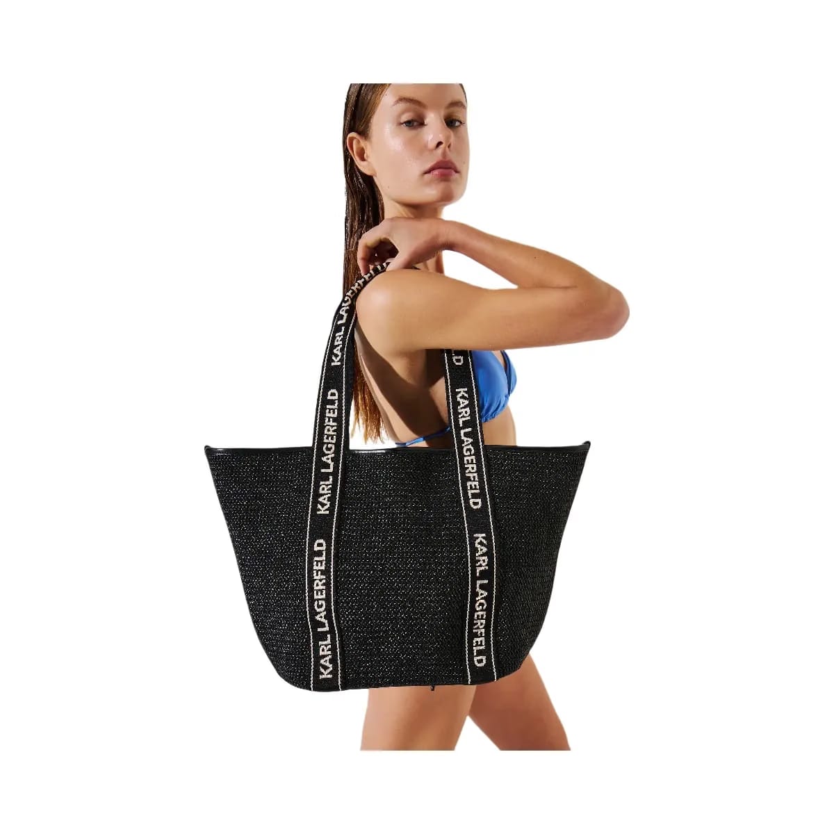 Karl Lagerfeld Logo Woven Beach Tote Bag Black