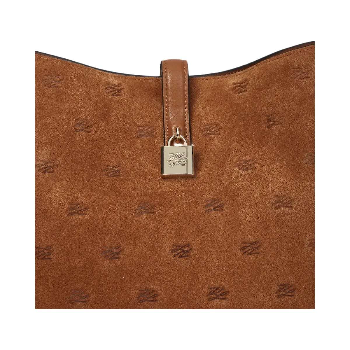 Karl Lagerfeld Autograph Padlock Suede Hobo Bag Dark Tan