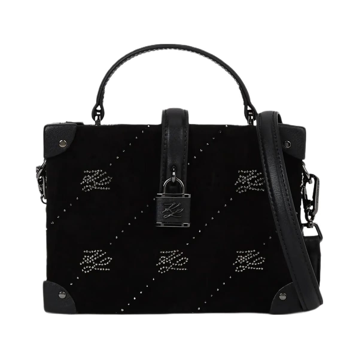 Karl Lagerfeld Autograph Padlock Rhinestone Trunk Bag Black Embellishment