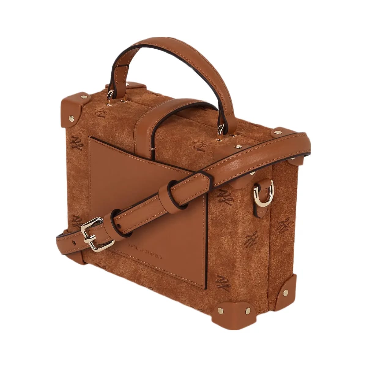 Karl Lagerfeld Autograph Padlock Suede Trunk Bag Dark Tan