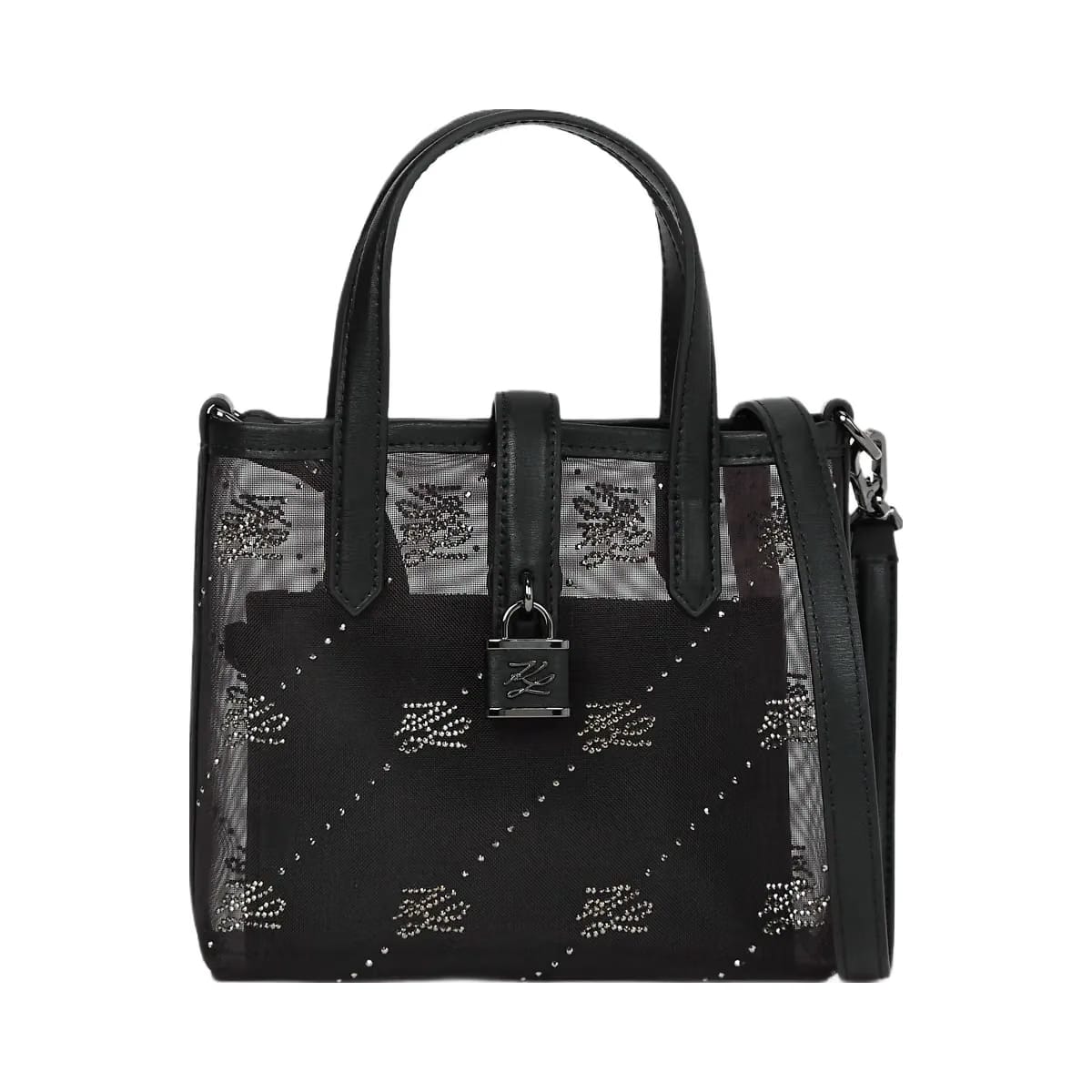 Karl Lagerfeld Autograph Padlock Rhinestone Tote Bag Black Embellishment