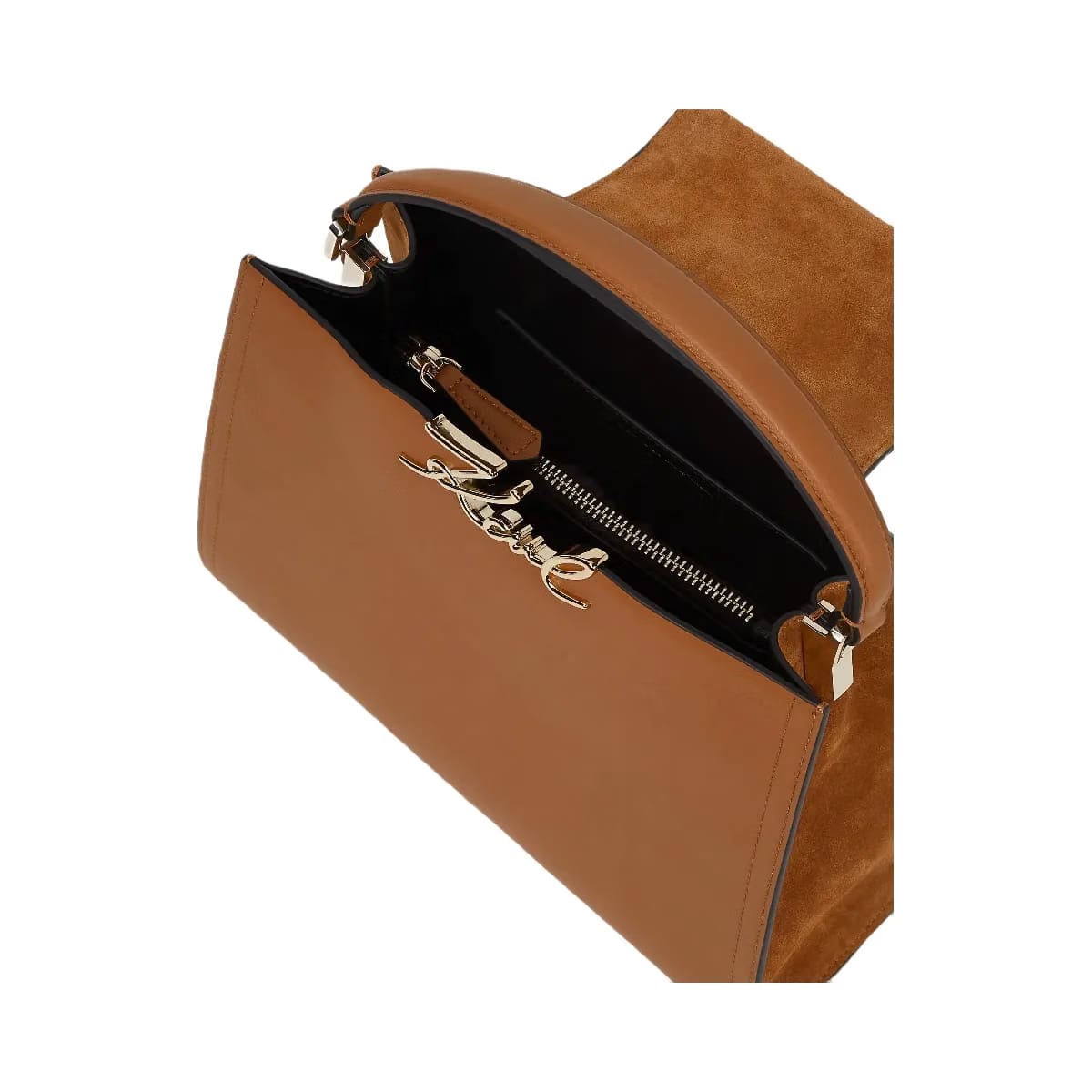 Karl Lagerfeld Signature Suede Top Handle Bag Dark Tan