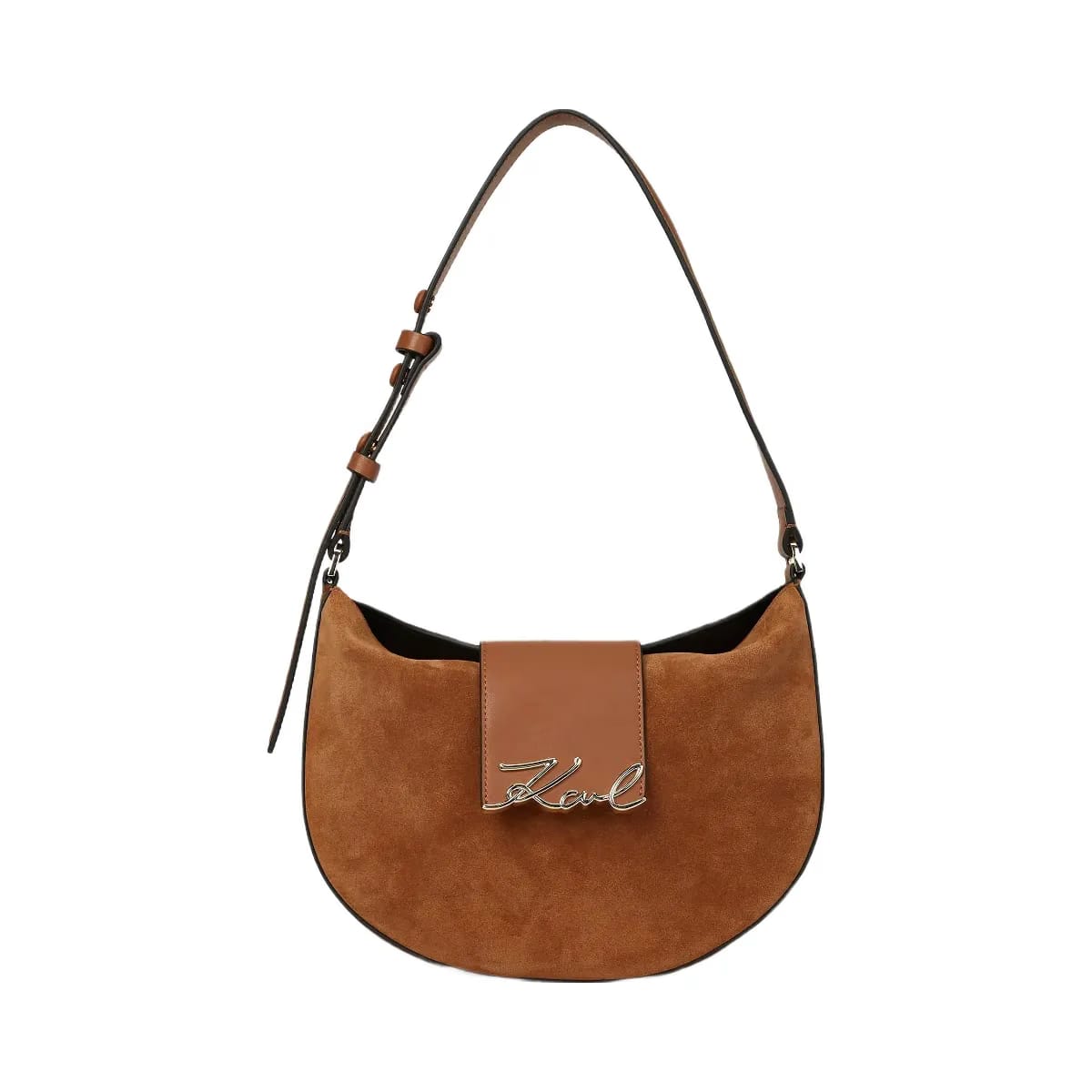 Karl Lagerfeld Signature Suede Moon Bag Dark Tan