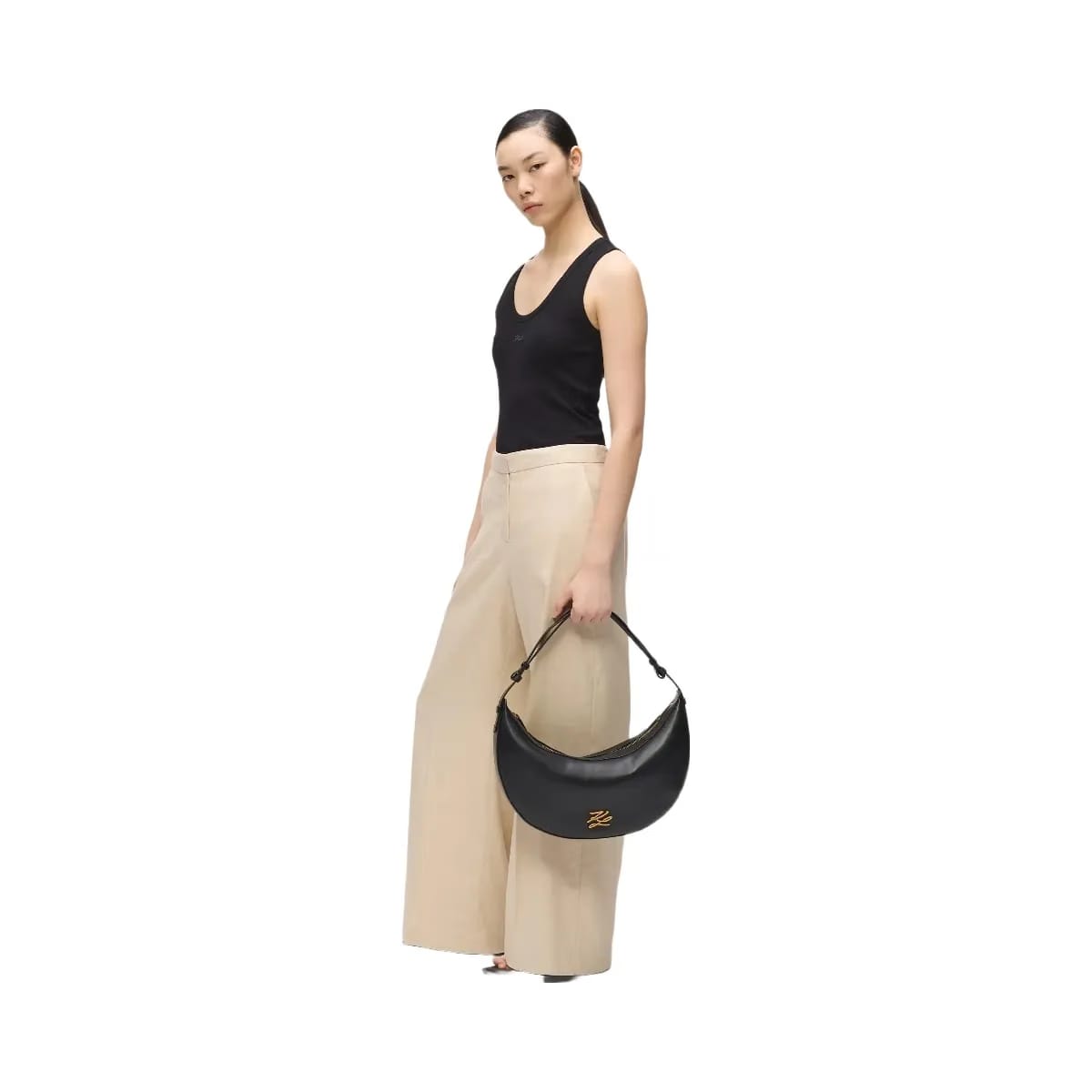 Karl Lagerfeld Autograph Oversized Moon Bag Black Gold