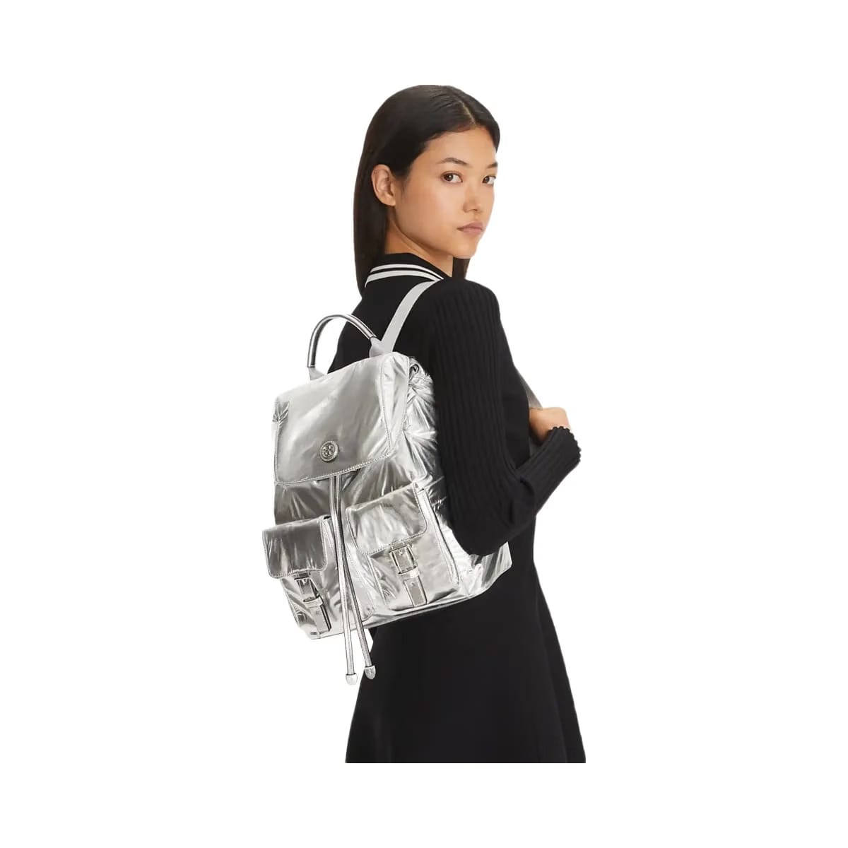 Tory Burch Virginia Metallic Flap Backpack Silver