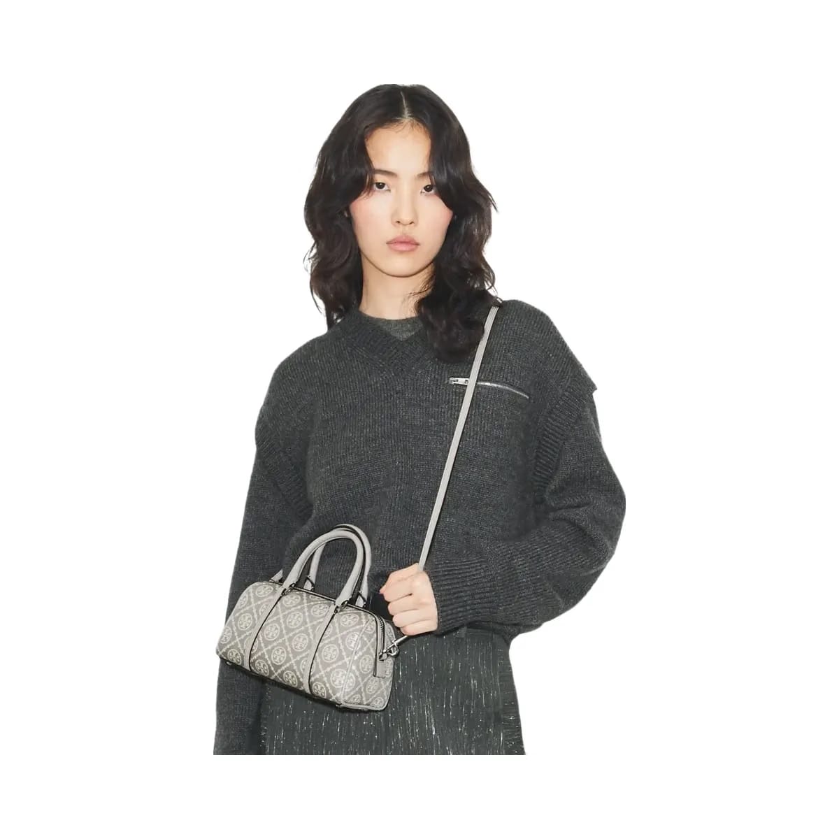Tory Burch T Monogram Utility Mini Barrel Bag Gray