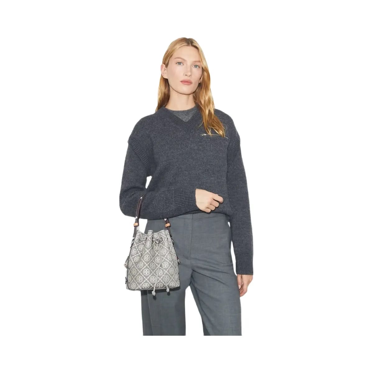 Tory Burch T Monogram Utility Bucket Bag Gray