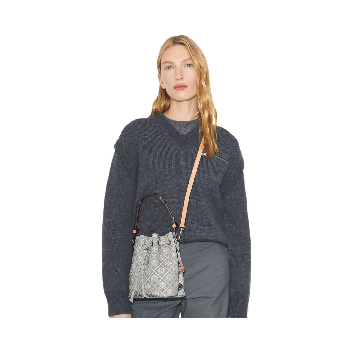 Tory Burch T Monogram Utility Bucket Bag Gray