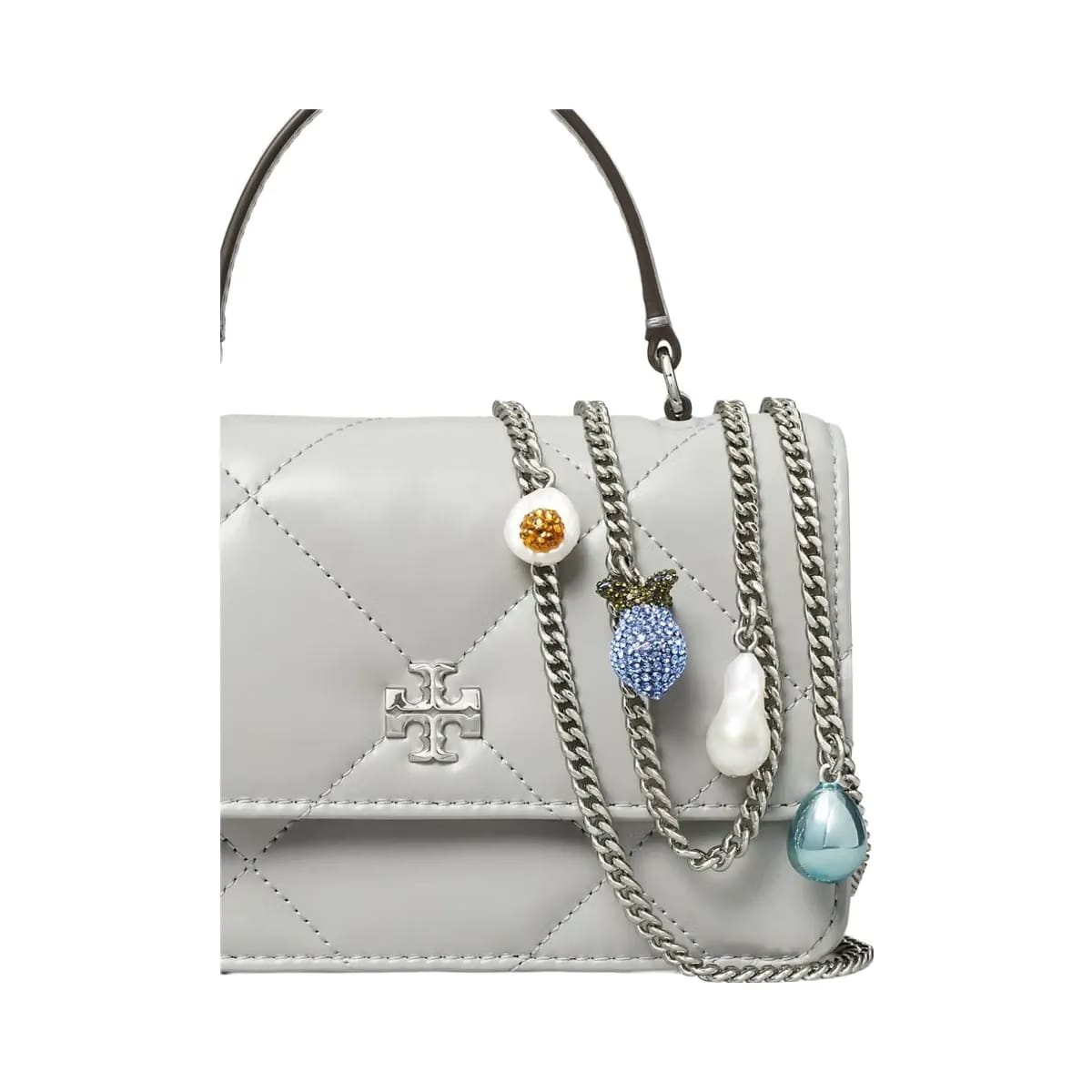 Tory Burch Mini Kira Diamond Quilt Charm Top-Handle Crossbody Gray