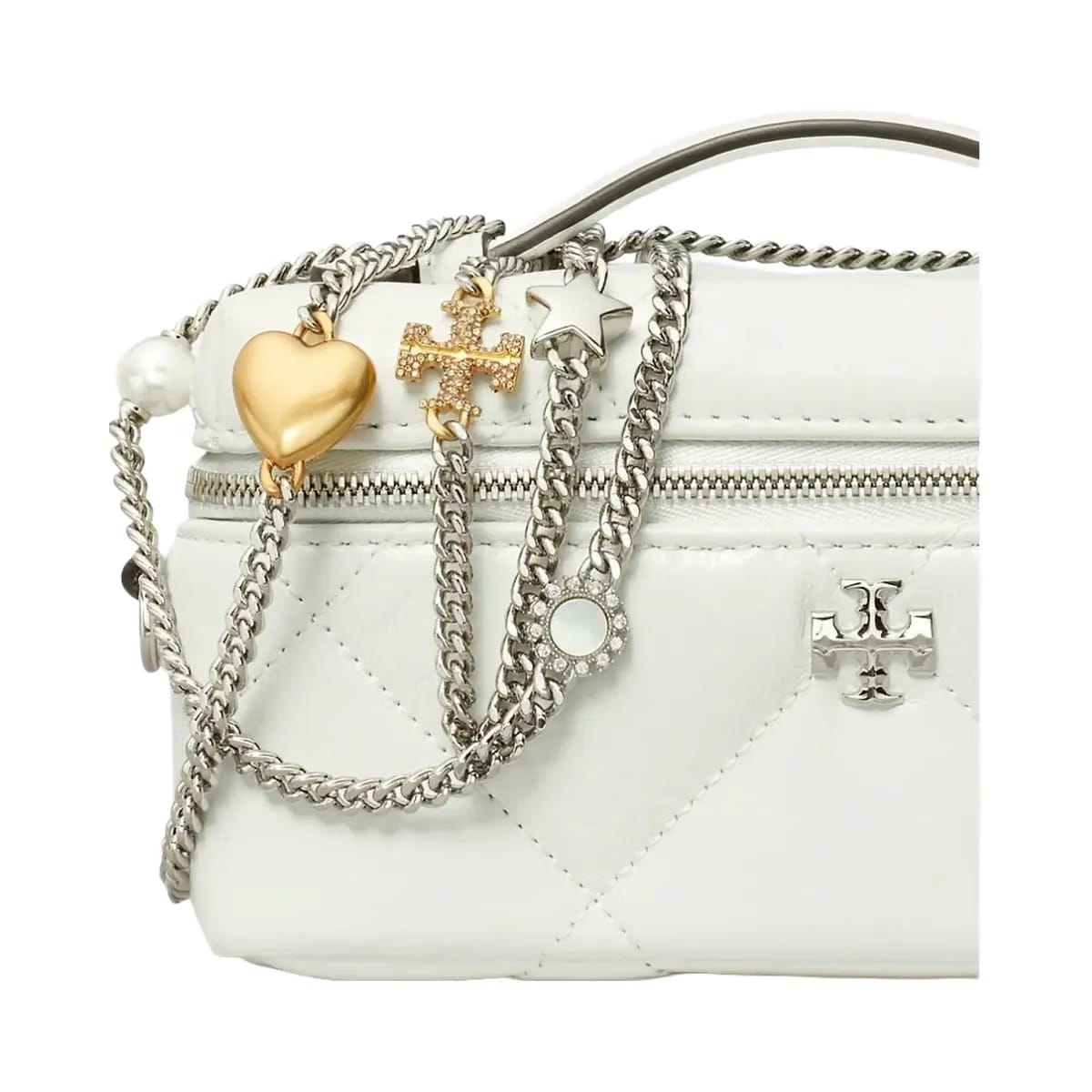 Tory Burch Kira Diamond Quilt Distressed Charm Vanity Case Blanc