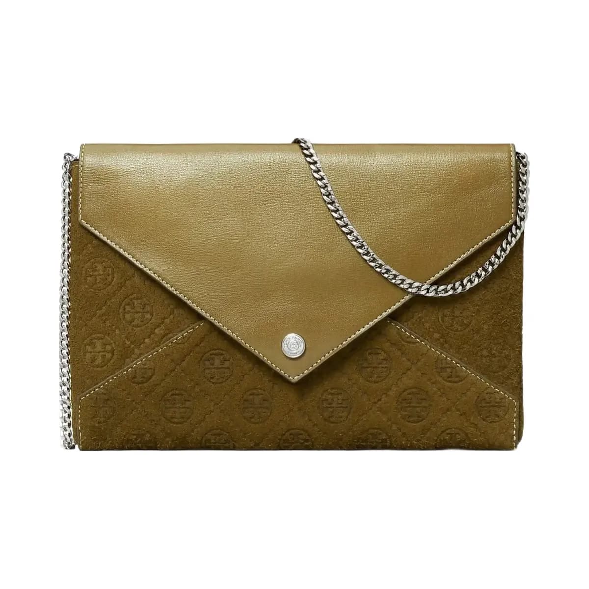 Tory Burch T Monogram Suede Envelope Chain Pouch Deep Olive