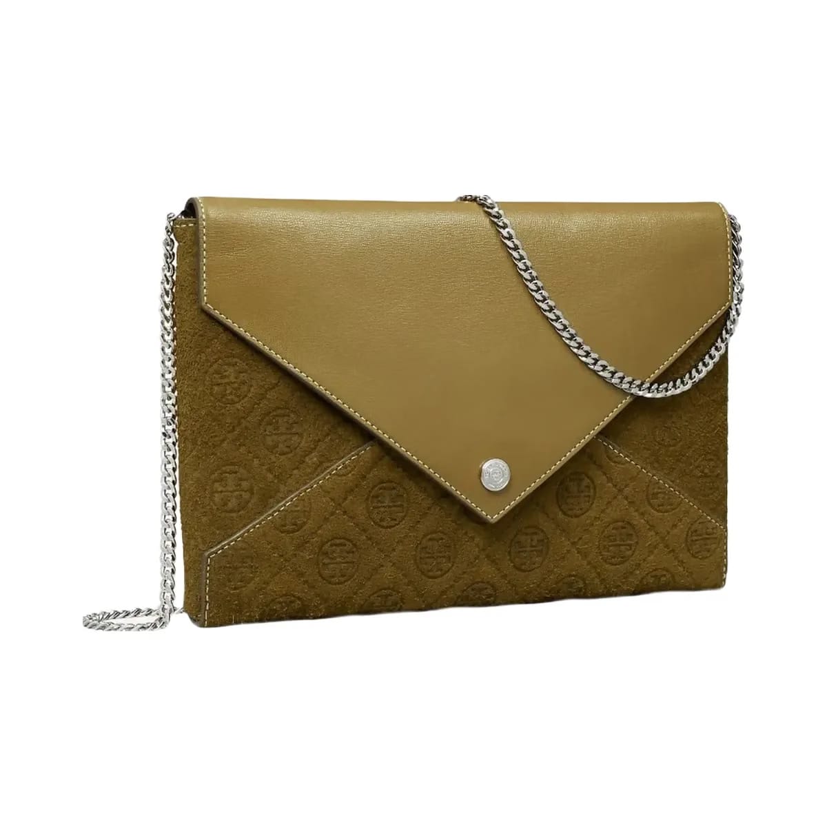 Tory Burch T Monogram Suede Envelope Chain Pouch Deep Olive