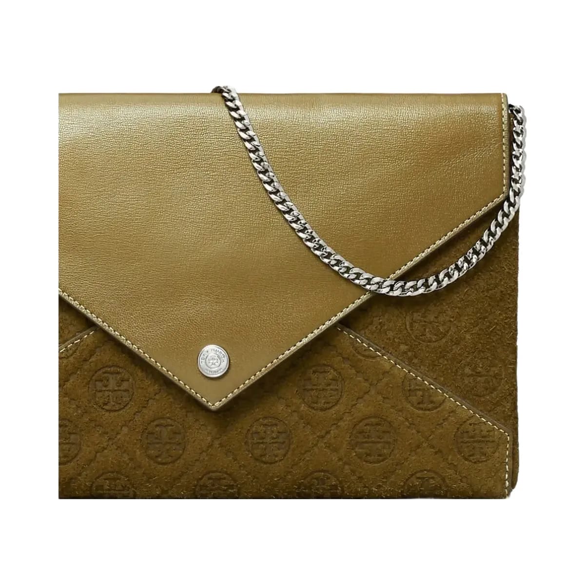 Tory Burch T Monogram Suede Envelope Chain Pouch Deep Olive