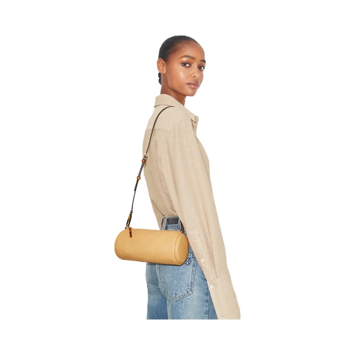 Tory Burch T Monogram Pebbled Cylinder Bag Biscotti