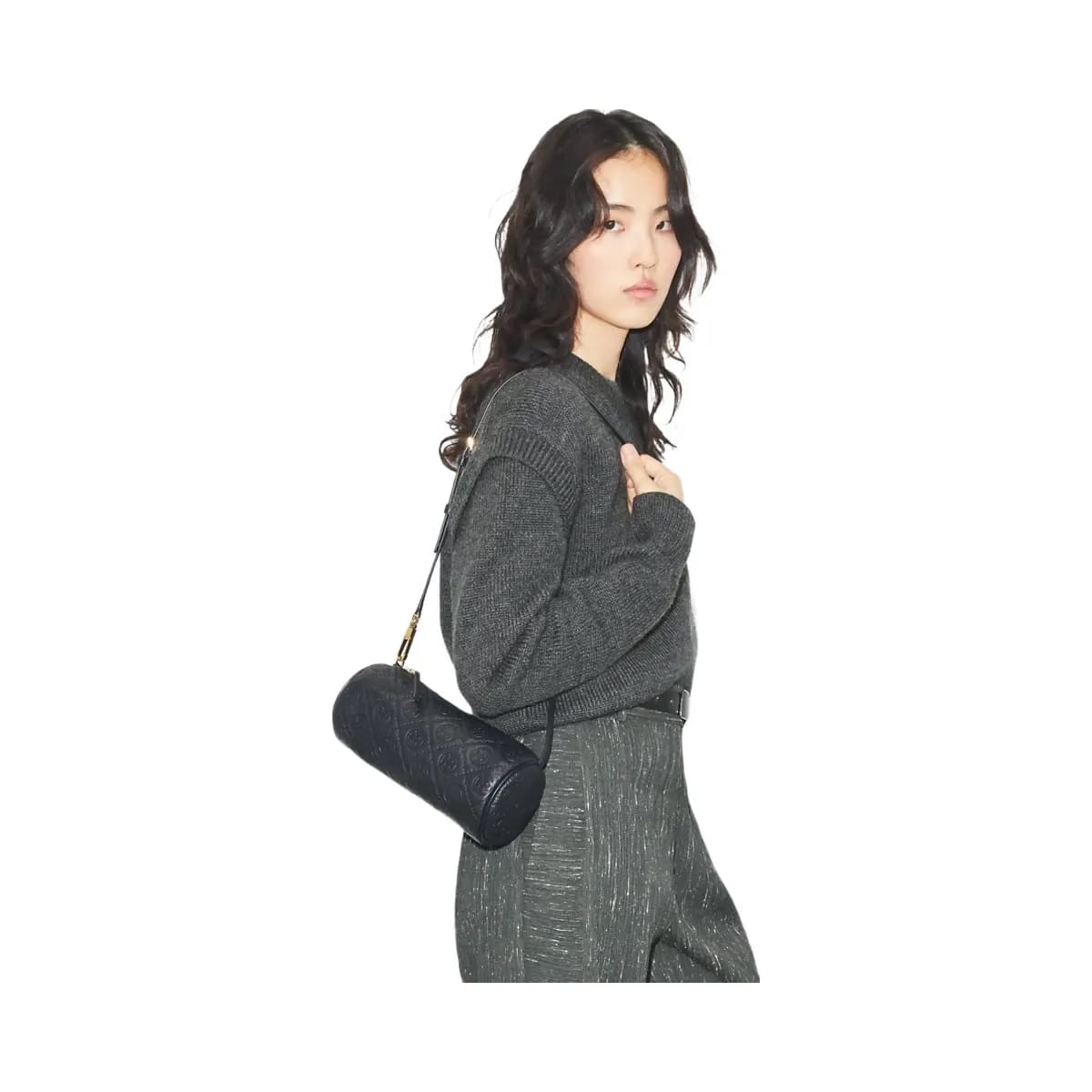Tory Burch T Monogram Pebbled Cylinder Bag Black