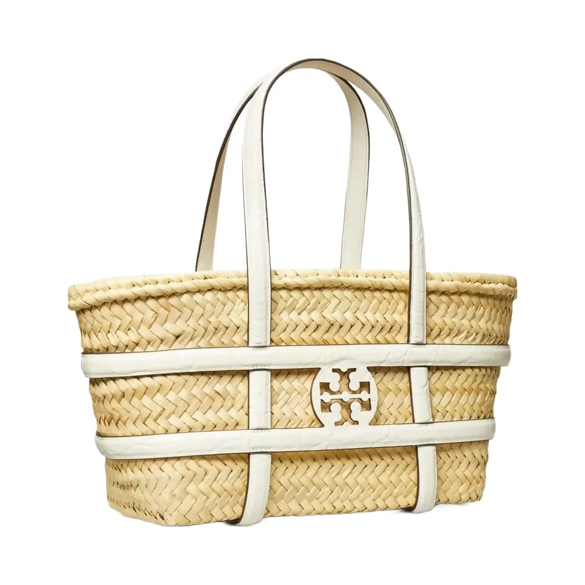 Tory Burch Small Ella Croc-Embossed Straw Basket Blanc