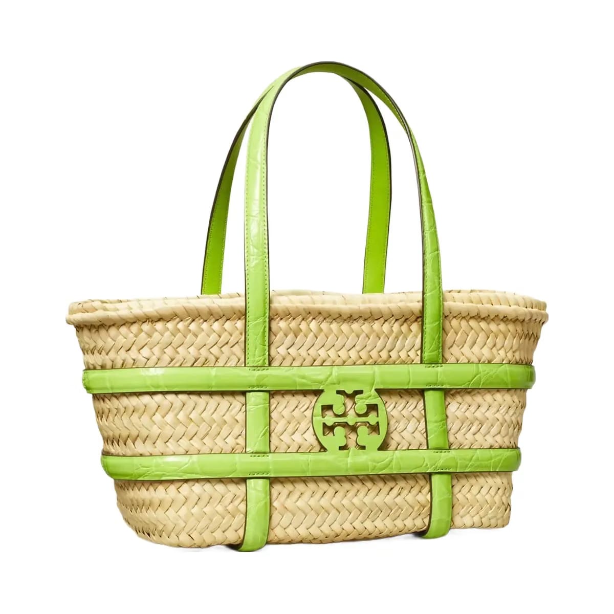 Tory Burch Small Ella Croc-Embossed Straw Basket Bright Fern