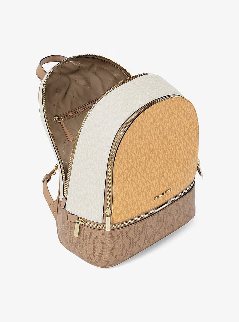 Michael Kors Rhea Medium Color-Block Signature Logo Backpack Honeywheat Multi