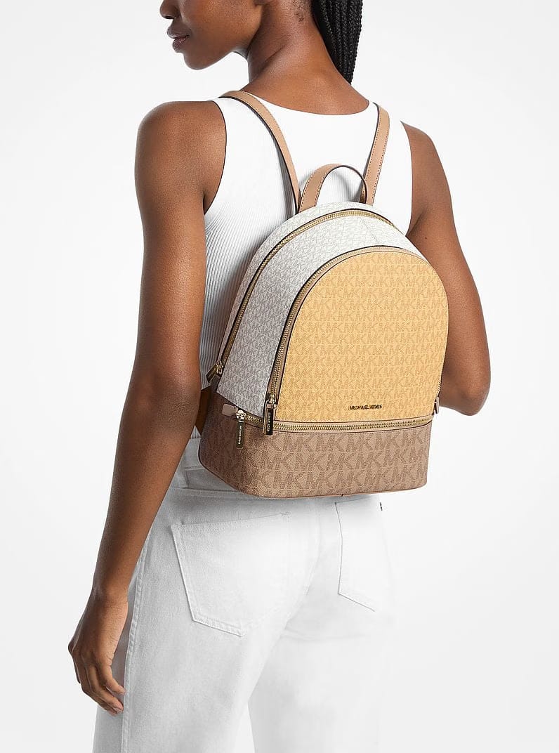 Michael Kors Rhea Medium Color-Block Signature Logo Backpack Honeywheat Multi