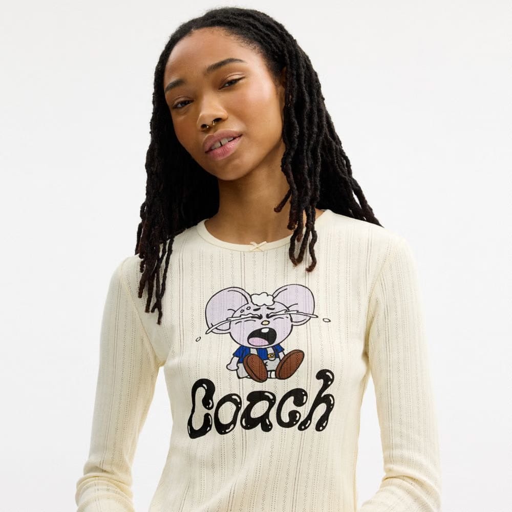Coach Coach | Brain Dead Kachi Mouse Graphic Long Sleeve Pointelle Top Cream