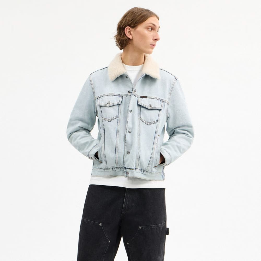 Coach Denim Jacket With Shearling Collar Light Wash