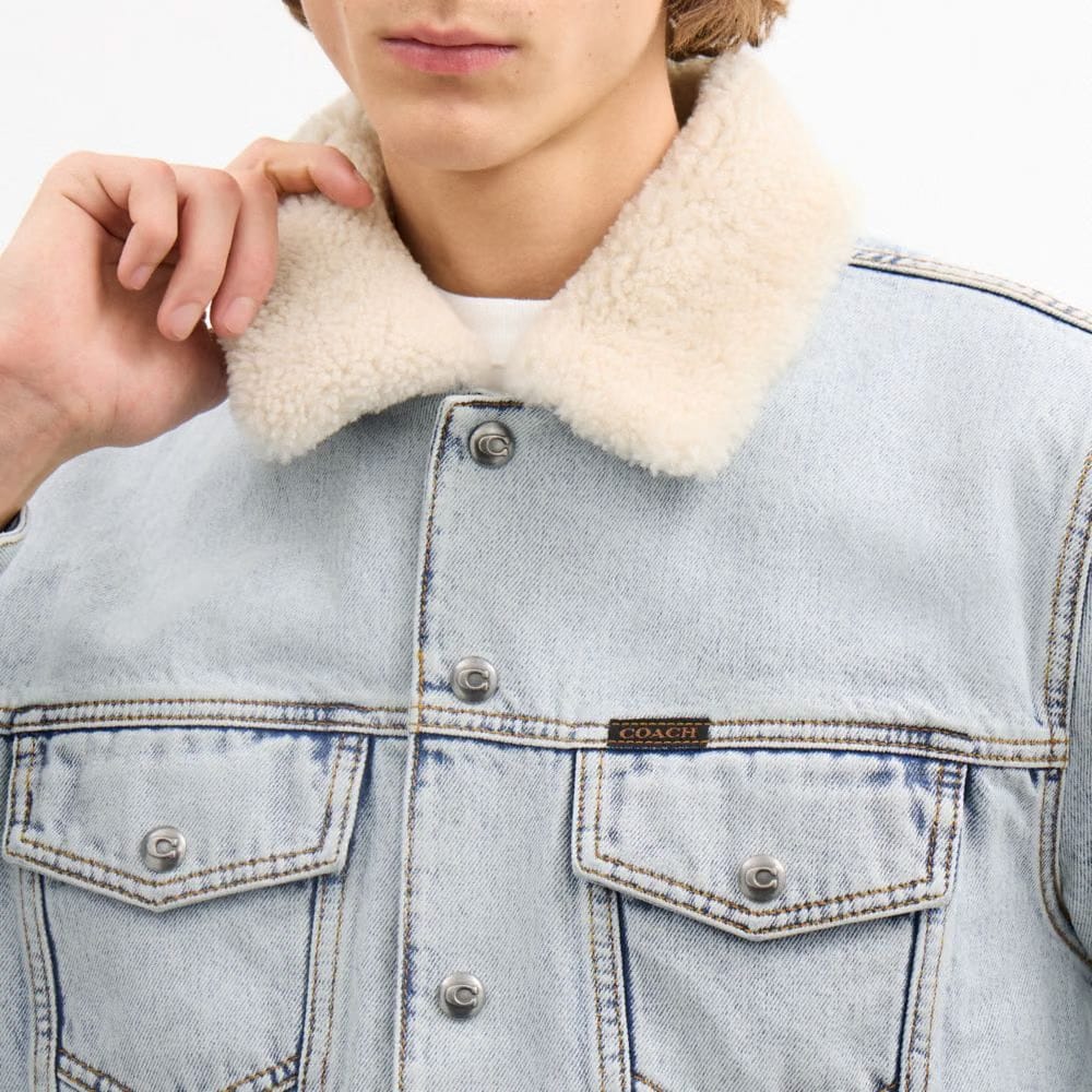 Coach Denim Jacket With Shearling Collar Light Wash