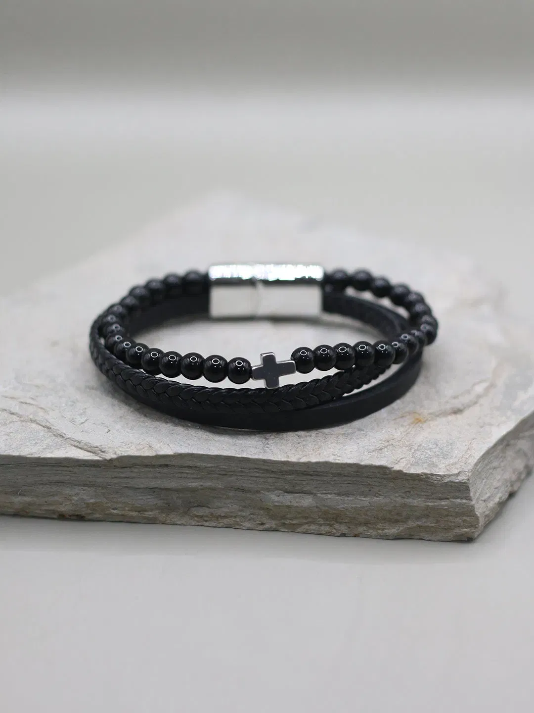 BLACK BEADED CROSS BRACELET FOR MEN