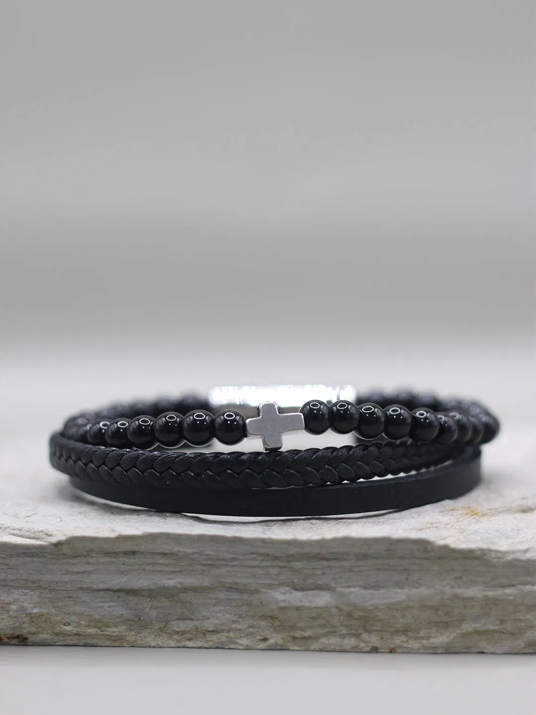 BLACK BEADED CROSS BRACELET FOR MEN