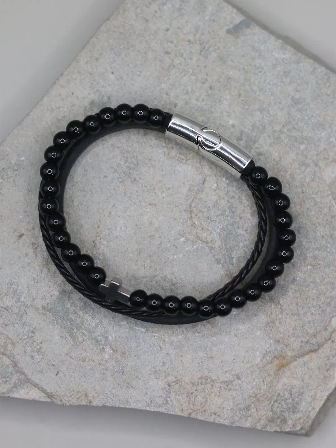 BLACK BEADED CROSS BRACELET FOR MEN