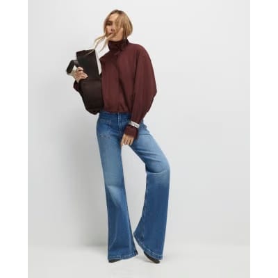 Blue Button Detail Pocket Front Flared Jeans