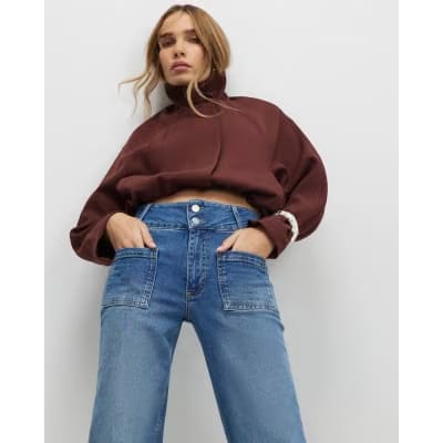 Blue Button Detail Pocket Front Flared Jeans