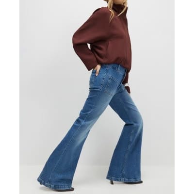 Blue Button Detail Pocket Front Flared Jeans