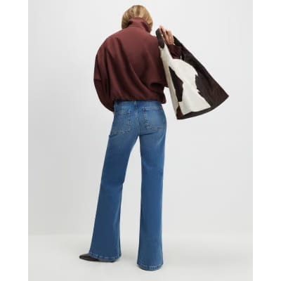 Blue Button Detail Pocket Front Flared Jeans