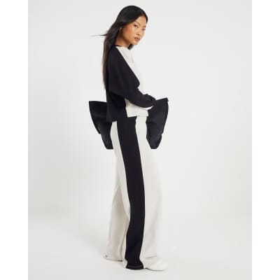 Petite Cream Colour Block Wide Leg Trousers