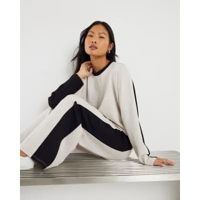 Petite Cream Colour Block Wide Leg Trousers
