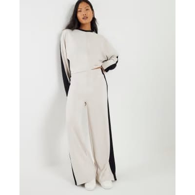 Petite Cream Colour Block Wide Leg Trousers