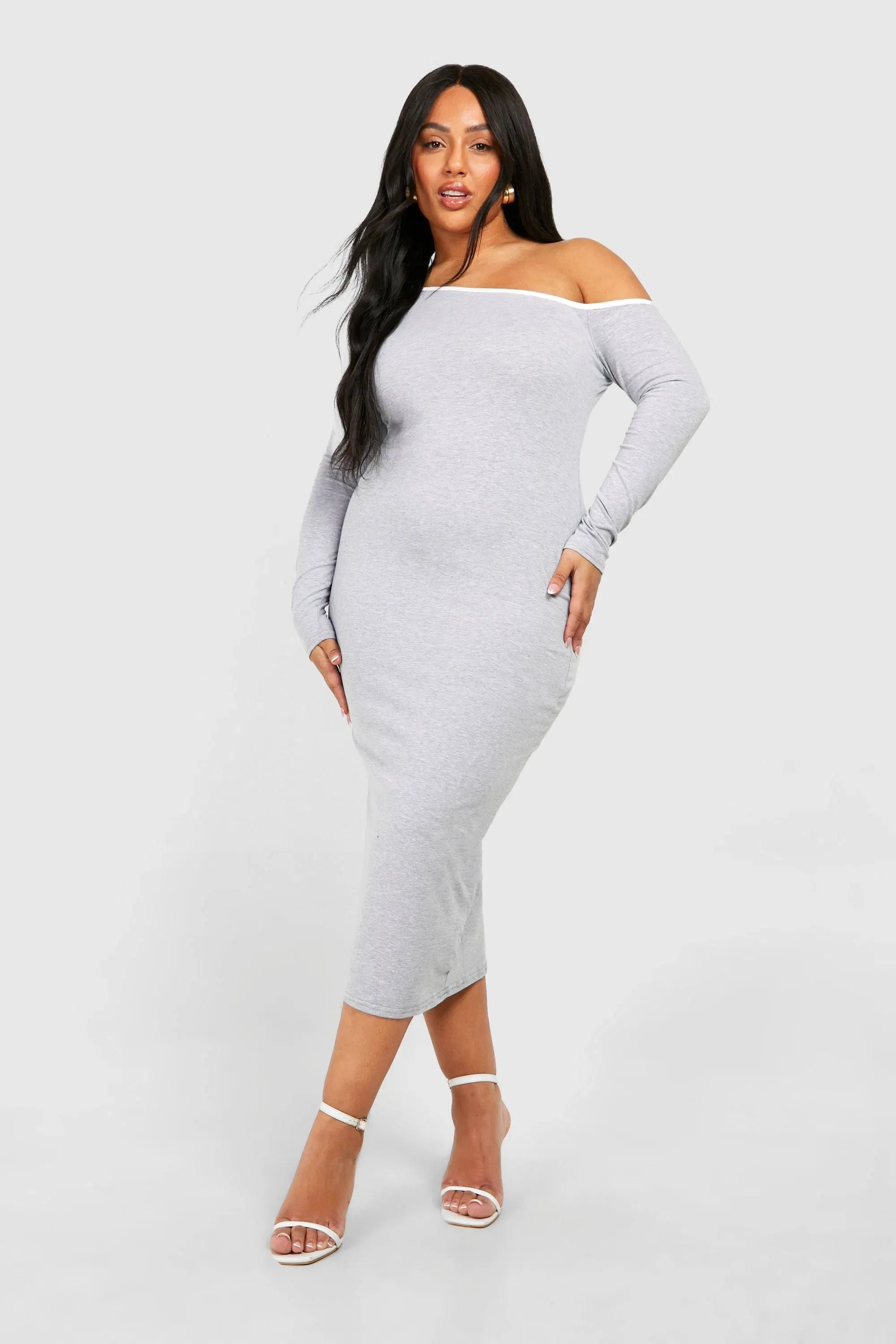 Plus Cotton Elastance Contrast Off Shoulder Midi Dress