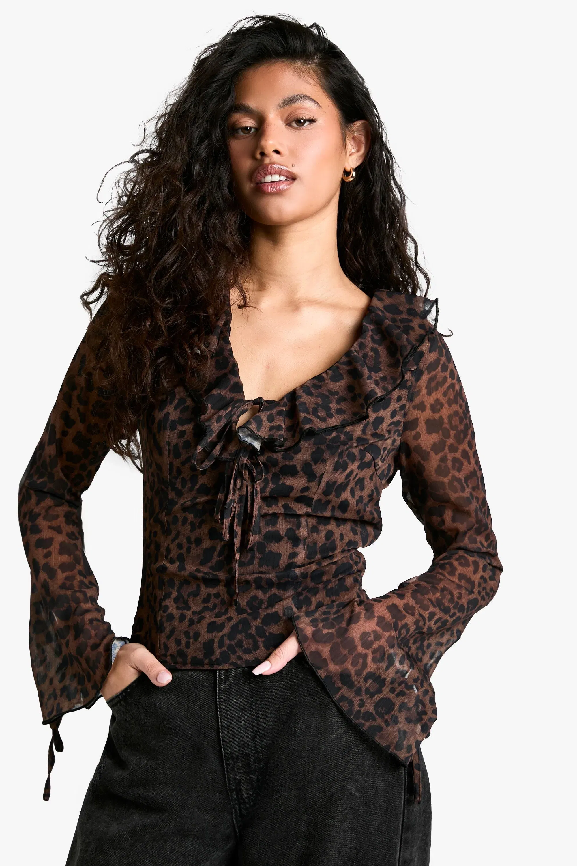 Chiffon Leopard Ruffle Tie Front Blouse